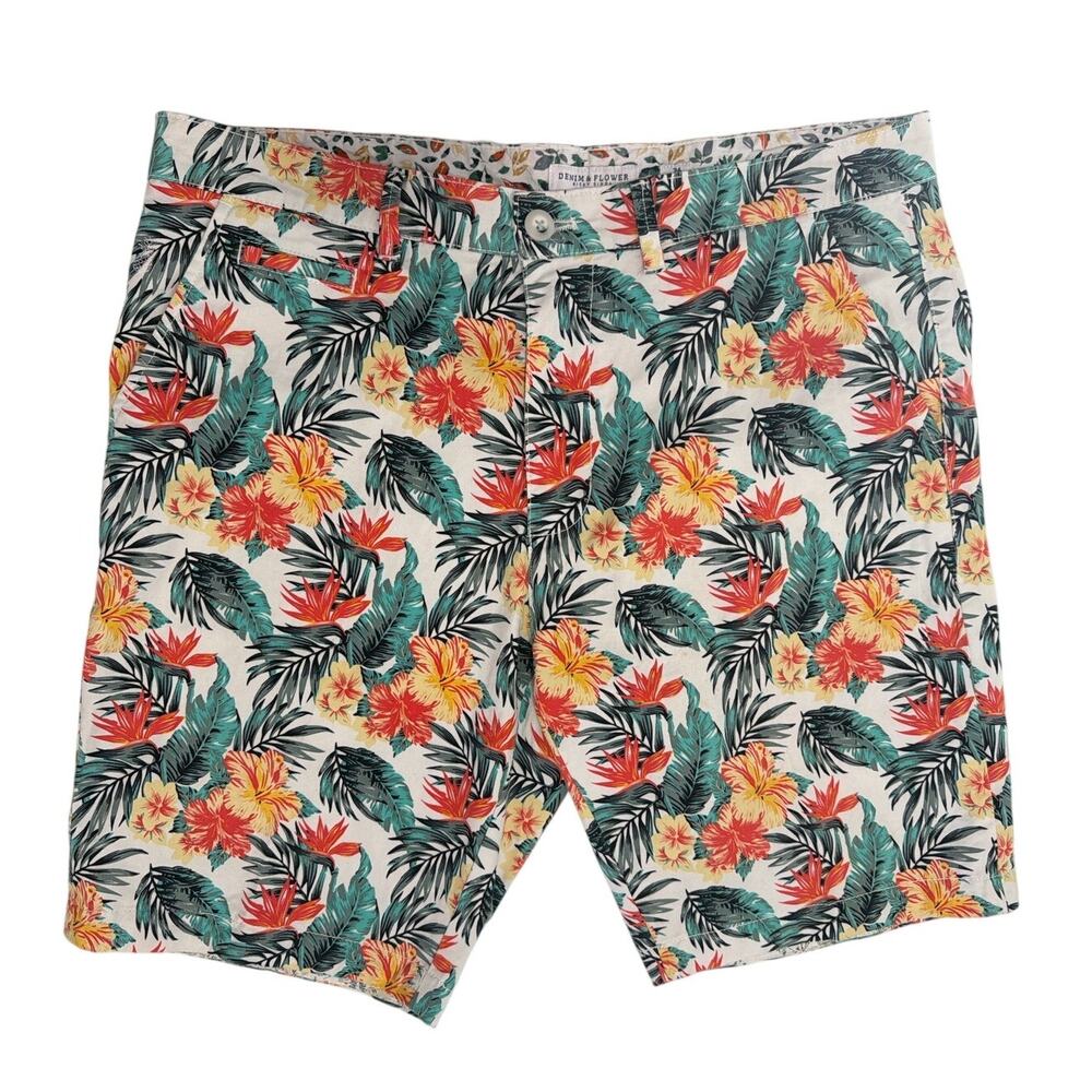 Denim & Flower Men's Sz 34 inseam 9" Bermuda Hawaiian Floral Shorts Ricky Singh